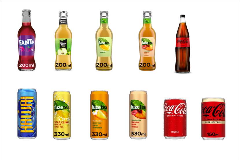 blik- en hervulbare glazen verpakkingen van Coca-Cola, Fanta Cassis, Minute Maid, Hawai Tropical en Fuze Tea