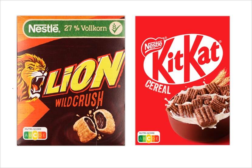 Verpakkingen van Nestlé Cereal Lion Wildcrush en Nestlé Cereal Kitkat